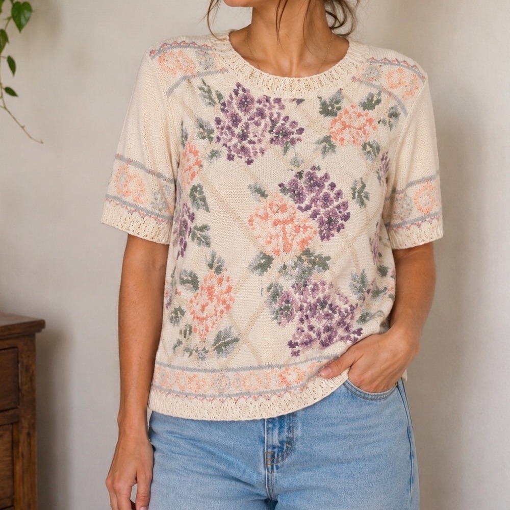 Vintage Floral Knit Sweater Short Sleeve Cottagecore Grannycore Boho 90s Top LRG
